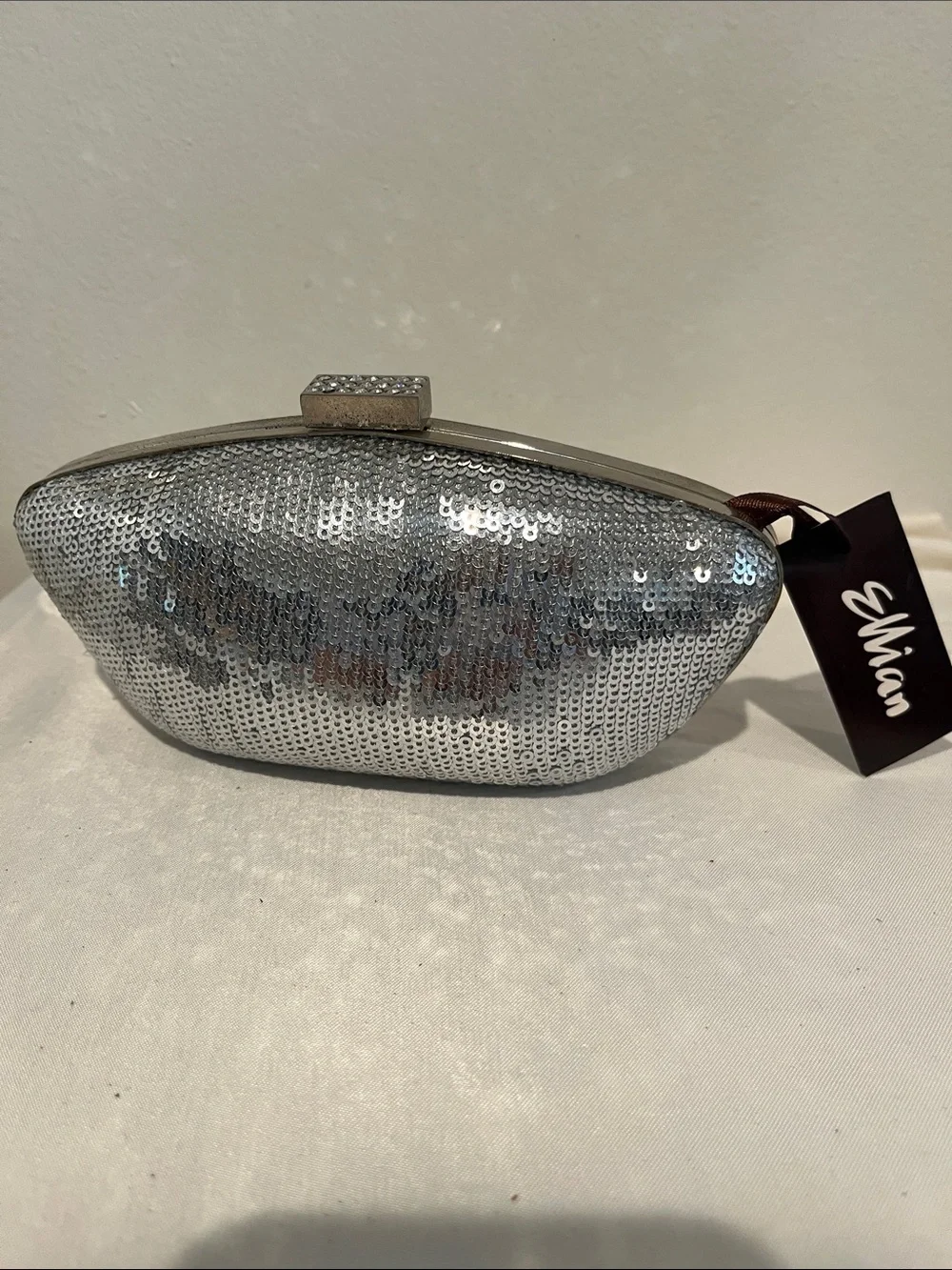 Sequin Silver Evening Clutch with Top Clasp and Chain NWT